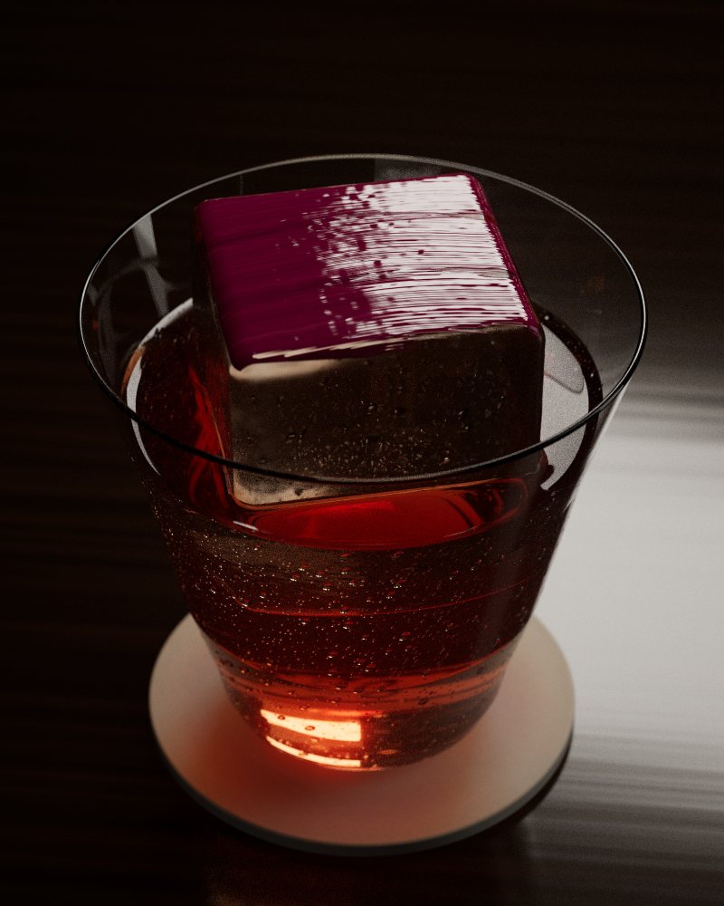 Illustrasjon: isblokk i SKYE Tumbler fra SVEV, over en oransje drink, med hele toppen malt i lilla PAINTZ